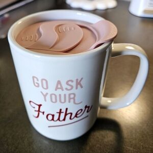 'Go Ask Your Father' 16 oz White Stoneware Mug with Pink Sip-through Travel Lid